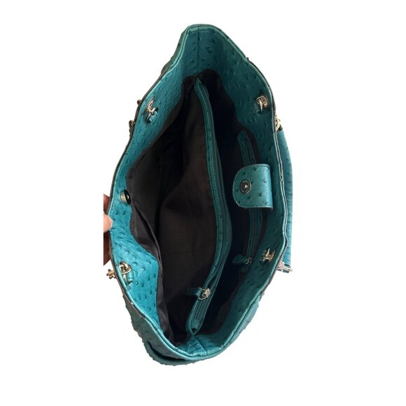 Teal Simulated Ostrich Faux Leather Shoulder Bag With Chain Handles - Picture 4 of 13
